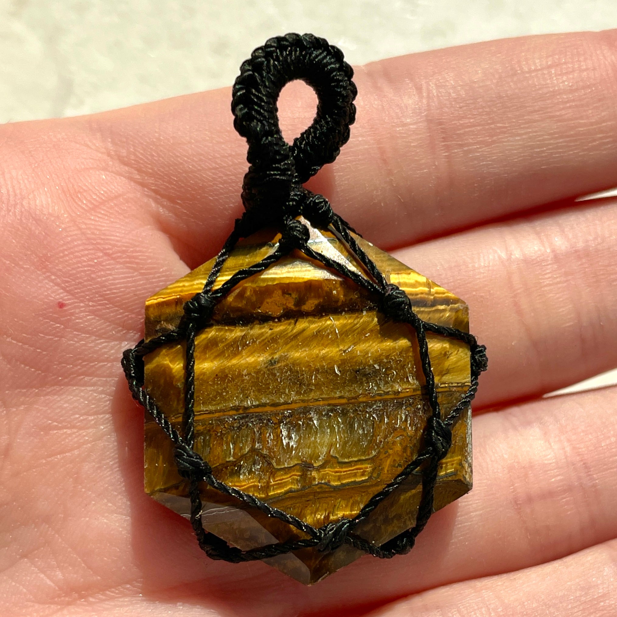 Tigers Eye - Macrame Wrapped Hexagonal Pendant Tigers Eye - Macrame Wrapped Hexagonal Pendant
